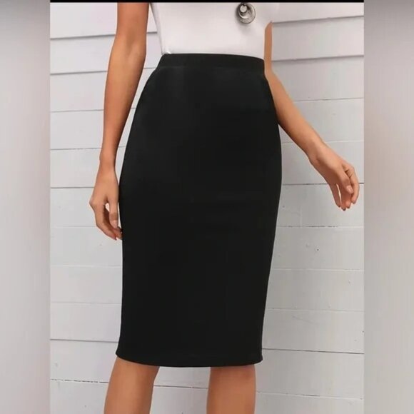 Solid Color Knee Length Sheath Skirt, Elegant High Waist Skirt - Picture 4 of 4